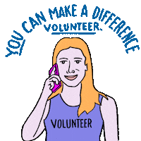 Illustrated gif. Rotation of minimalist depictions of an array of citizens, a bearded Black businessman texting, a mixed race woman with curly blonde hair handing us a flyer that says "vote," a white woman on a phone wearing a tank that says "volunteer," an Asian young man wearing a t-shirt that says "volunteer," knocking on the fourth wall. Text, "You can make a difference. Volunteer."