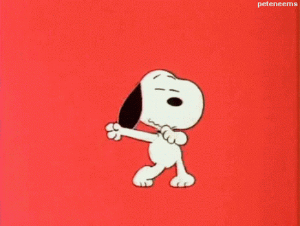 Peanuts gif. Snoopy dances against a red background, pumping his arms left and right and turning his head side to side.