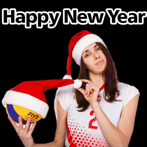 Sports gif. Ukrainian volleyball player Diana Meliushkyna wearing a Santa hat, holding a ball that's wearing a Santa hat. Text, "Happy new year."