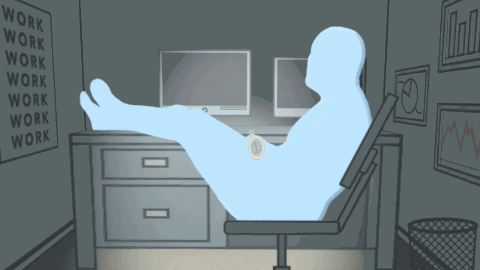 Music video gif. From Mutual Benefit's animated video for Not For Nothing, a blue silhouetted figure reclines in an office chair with his feet resting up on the desk in a confined cubicle.