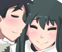Anime gif. Smiling man leans in to kiss a woman on the cheek. As he kisses her, a heart appears and we zoom out to see they are standing in a snowstorm.