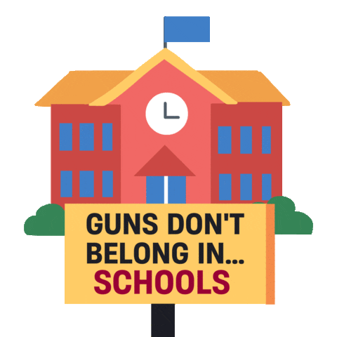 Digital art gif. Cartoon picket sign reads, "Guns don't belong in..." with the next word rotating through different places, including "offices, stadiums, schools, bars, trains," with corresponding animations of the named locations cycling above the picket sign.
