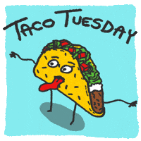 Cartoon gif. A digitally drawn, crunchy taco appears to wiggle. It has stick legs and arms, eyeballs and a mouth with a long tongue sticking out on the side of the taco shell. Text, "Taco Tuesday."