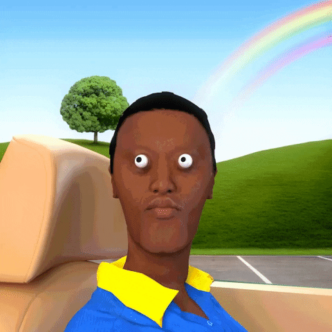 Digital art gif. Man sits in a car and looks at us with small, but bugged out eyes. His tongue sticks out and flaps up and down. Behind him are green hills and a rainbow in the sky.
