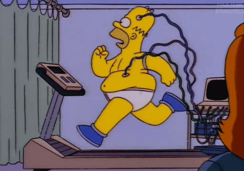 Gif of Homer Simpson running on a treadmill with medical sensors attached to him, his belly fat shifting around and jiggling as he does it.