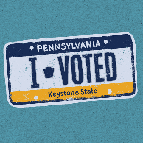Digital art gif. Blue, white, and yellow Pennsylvania license plate rocks over a slate blue background that reads, “Pennsylvania. I voted. Keystone State.”