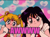 Anime gif. Sailors Moon and Mars from Sailor Moon beam with stars in their eyes as their hands rest gently on their cheeks. Text, "Aww."