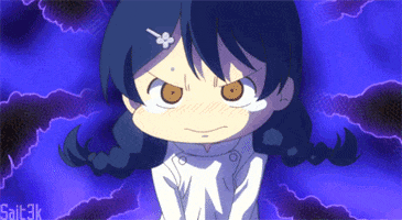 Anime gif. Megumi Tadokoro from Shokugeki no Soma/Food Wars, is in a chibi style, staring angrily at Soma who reacts uncomfortably. 