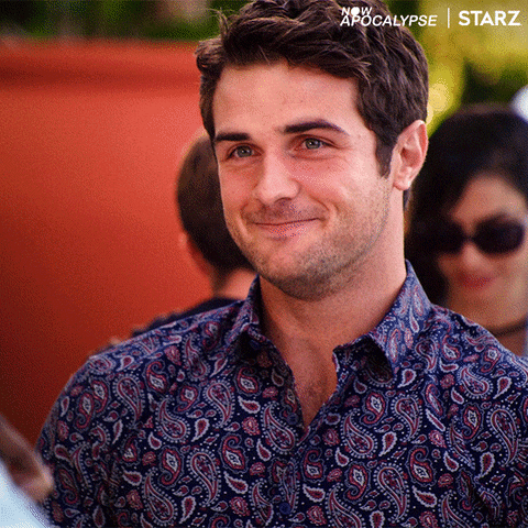 TV gif. Beau Mirchoff as Ford in Now Apocalypse nods and smiles earnestly.