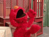 Sesame Street gif. Elmo dances gleefully with his head back, mouth gaping open, and arms in the air as his legs flutter.