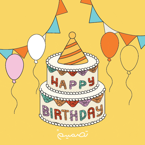 Cartoon gif. Confetti, streamers and balloons dance above a bouncing, party hat-topped birthday cake against an orange background. The cake reads "Happy birthday."