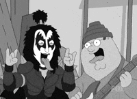 Family Guy gif. Gene Simmons of Kiss and Peter Griffin stick out their tongues and hold up rock 'n' roll hand sign.