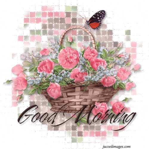 Digital art gif. A basket of pink flowers with a butterfly resting on top and brown, green, and pink mosaic in the background. Text, "Good morning."