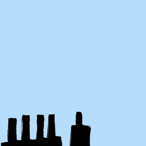 Digital art gif. Industrial skyline bellowing black smoke on a clear blue sky, line drawing of a fist of solidarity and handwritten message within the cloud of smoke. Text, "New Hampshire deserves clean renewable energy."