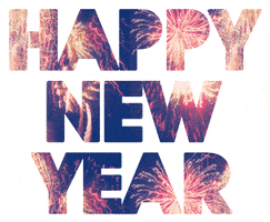 Text gif. Text on white background: Happy New Year. The words flash with various colorful images of fireworks.