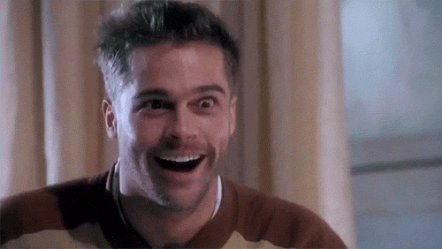 Movie gif. Brad Pitt as Jeffrey in 12 Monkeys smiles goofily with his mouth hanging open and his eyes rolling around.