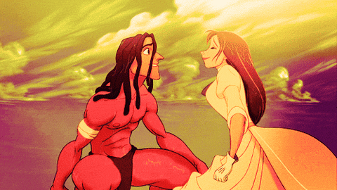 Cartoon gif. Jane from Tarzan flings herself onto Tarzan, wrapping her arms around his neck and kissing him. He stares at her in shock from the kiss.
