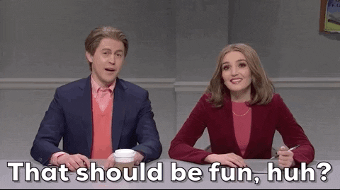 SNL gif. Alex Moffat and Chloe Fineman as newscasters. Alex turns to Chloe, tapping her elbow with his elbow, and says, "That should be fun, huh?"