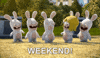 Video game gif. Five Rabbids from Mario, one wearing a blonde wig, dance happily outside. Text, "Weekend!"