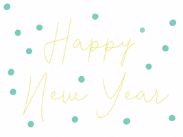 Text gif. White background with polka dots that change from yellow, pink, and blue. The text also changes from yellow, pink, and blue. Text, “Happy New Year.”