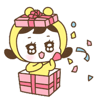 Sticker gif. Little girl with wonder in her eyes springing from a pink gift box, blowing confetti from a horn.