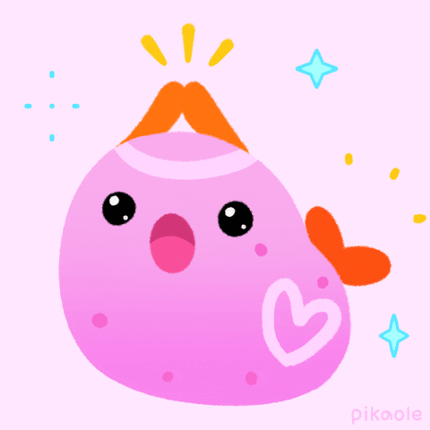 Kawaii gif. Pink cartoon sea slug with big eyes looks amazed and claps its orange antenna and tail together. The claps are emphasized with three yellow streaks and three blue sparkles.