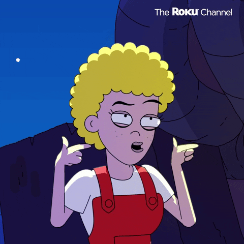 Cartoon gif. Kayla Lorette as Lhandi in Doomlands. She points at someone with double finger guns and looks around hesitatingly as she says, "You got it! Okay?" 