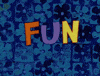 SpongeBob gif. SpongeBob cartwheels with a joyous expression across a blue-checkered background and over the word "Fun" in orange, purple, and yellow block letters.