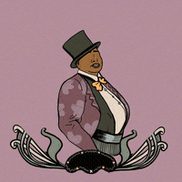 Illustrated gif. Woman wearing an olive-green top hat and vest, yellow bowtie, and light brown jacket posed inside a floral-border vignette that builds up from below. Plaque at the bottom of the vignette reads "Musician," and plaque at the top reads "Gladys Benley."