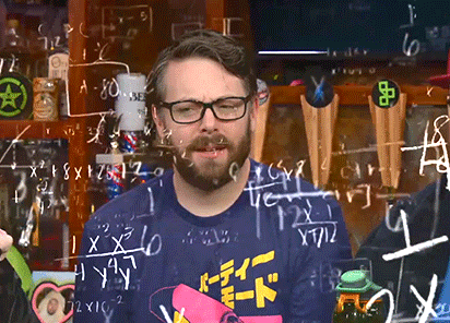 A man looking confused counting with his fingers. Math formulas are popping on the screen.