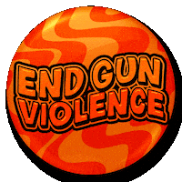 Digital art gif. The words, "End gun violence," in all-caps bubble letters, sit inside a circle of swirling orange and red stripes.
