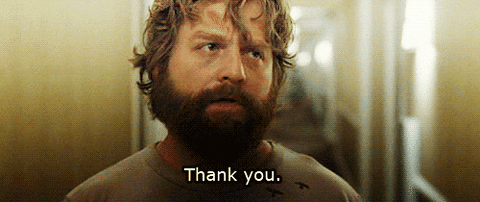 Movie gif. Zach Galifianakis as Alan from The Hangover looks right of frame and solemnly says: Text, "Thank you."