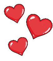 Sticker gif. Three 2D animated hearts, glossy and red, beating out of time with each other.