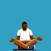 Digital art gif. Meditating man sits cross-legged with his hands resting on his knees against a light blue background. He takes a deep breath in and the text above him reads, “Inhale the good shit, Facts.” Then he exhales and lowers his head as the text above him reads, “Exhale the bullshit. Trumpism.”
