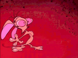 Cartoon gif. Ren Höek from The Ren and Stimpy Show presses against a red wall looking speechless, his heart pumping in and out of his body.