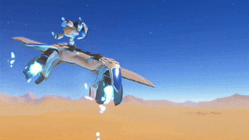 Video game gif. A cutscene from the trailer for Playstation video game "Astro Bot" shows Astrobot, a small white robot with an LED screen face, clinging onto a Playstation 5 controller spaceship in a desert. Astrobot motions to the viewer to come along and the spaceship blasts into the horizon before sharply curving upward to outer space. 