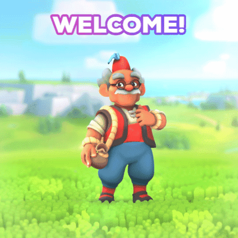 Video game gif. Old man from Everdale, Otto the trader opens his arms in hospitality. Text, “Welcome.”
