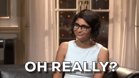 TV gif. Kiran Rao on Koffee with Karan nods and smiles smugly before her eyes go wide and she says, "Oh, really?"