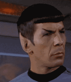 TV gif. Leonard Nimoy as Spock in Star Trek furrows his pointed brows. He blinks and slightly shakes his head as he walks away like he's trying to hide his judgment.