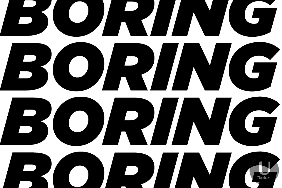 Text gif. The word "BORING" in all caps scrolls across the screen multiple times in black and white.