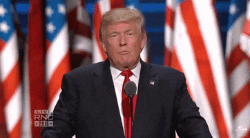 Political gif. Donald Trump stands in front of a row of American flags with a microphone in front of her. He leans on the podium and licks his lips. He then shakes his head. 