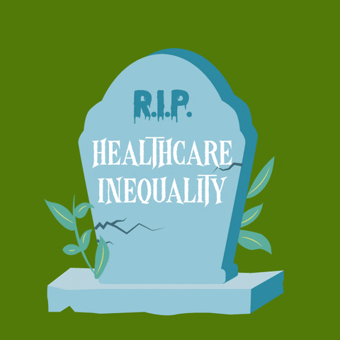 Digital art gif. Twinkling robins egg blue headstone on an avocado green background. Text, "RIP healthcare inequality."