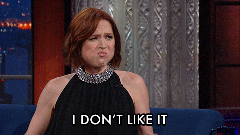 TV gif. During an interview on The Late Show with Stephen Colbert, Ellie Kemper looks disgusted while chewing on something and says, “I don't like it.”