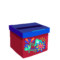 Illustrated gif. Hand inserting a ballot into a ballot box stylized with Scandinavian folk art. Text, "Sko-vote-den."