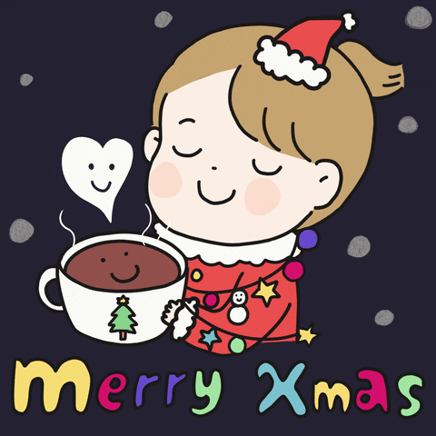 Cartoon gif. A rosy-cheeked person wearing a heavily-decorated Christmas sweater and a small Santa hat is smiling peacefully as they hold a mug of cocoa with a Christmas tree on it. The cocoa itself is also smiling, as is the heart-shaped steam rising from it. Flashing multicolored text, "Merry Xmas."