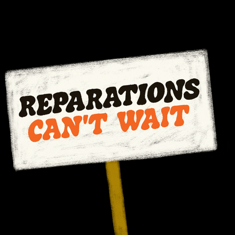 Digital art gif. Cartoon white signpost, against a black background, says in all-caps seventies-style text, "Reparations can't wait," and waves slowly back and forth.