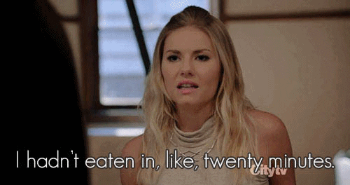 TV gif. Elisha Cuthbert as Alex Kerkovich in Happy Endings speaks sassily to someone with an annoyed expression on her face. Text, "I hadn't eaten in, like, twenty minutes."