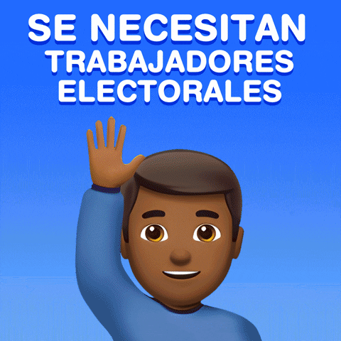 Digital art gif. Several diverse people scroll past, raising a hand against a light blue background. Text, “Se necesitan trabajadores electorales.”