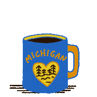 Digital art gif. Blue and yellow mug full of coffee featuring a forest framed in a heart labeled “Michigan” rests over a transparent background. Steam rising from the mug reveals the message, “Vote early.”