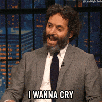 Late Night gif. Actor Jason Mantzoukas gestures down his face like tears and says "I wanna cry."